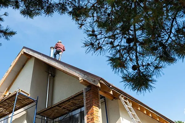 Roofer working on a pitched house roof beside a tree